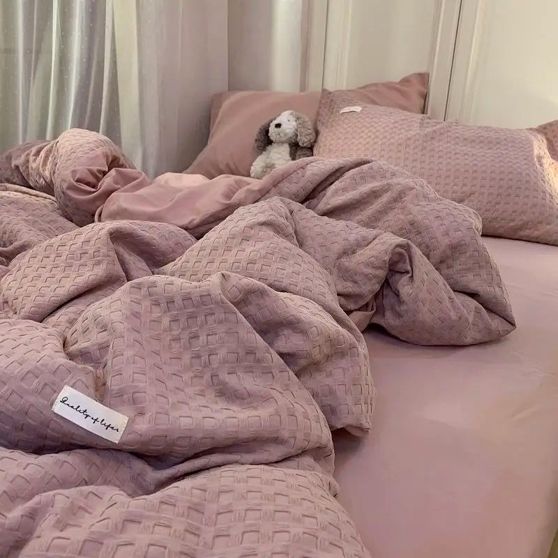 Yeknu Bedding Set Luxury High Grade Light  Washable Cotton Waffle Four Piece  Olive Green Quilt Cover Bed Sheet Dormitory Three Piece