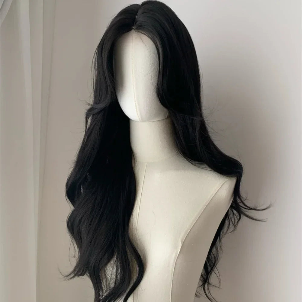 qgtao - Ningning‘s hair Long Black Wig for Women Big Wave Curly Hair Headband Wigs with Eight Bangs Small Lace Front Natural Lolita Wigs