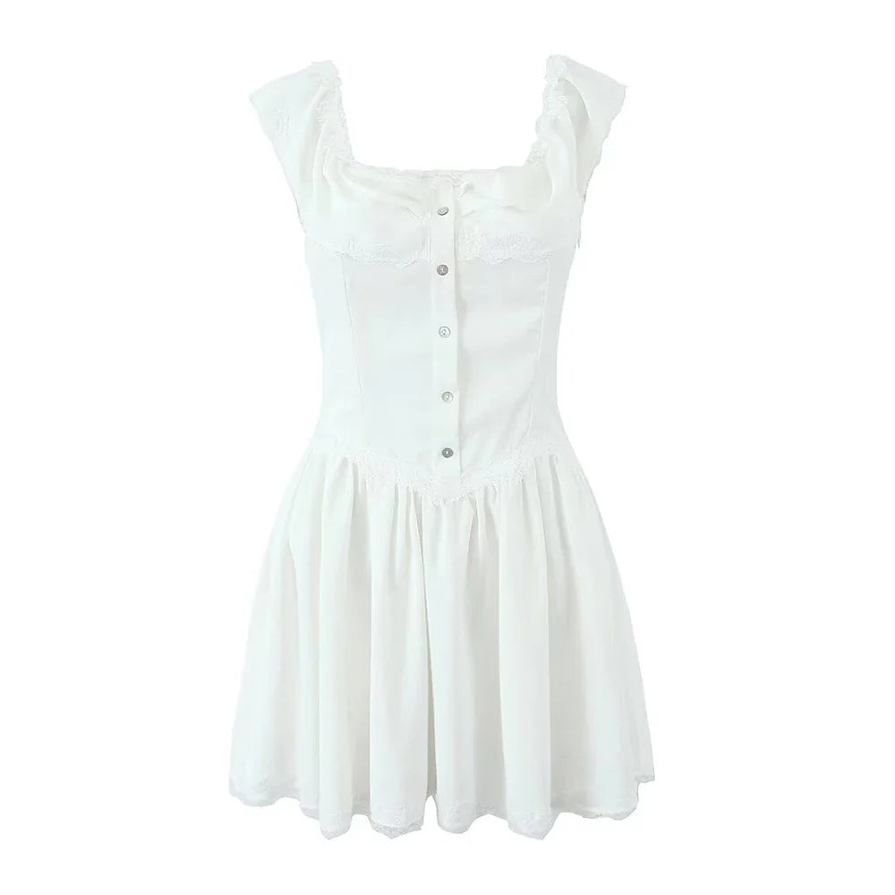 qgtao -2024 Women's French vintage single-breasted lace ruffle one-shoulder dress. summer. new style. Chic mini skirt.