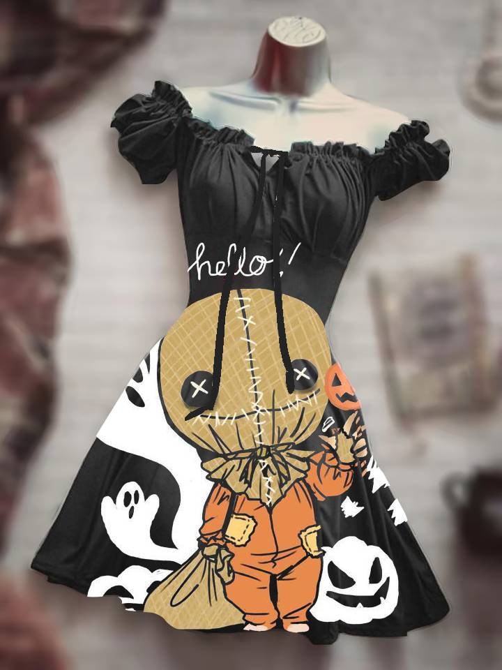 Horror Halloween Skull Costume puff sleeve Skirt Hawaiian Bohemian Short Sleeve Drawstring leisure Dress Skull Night Costume