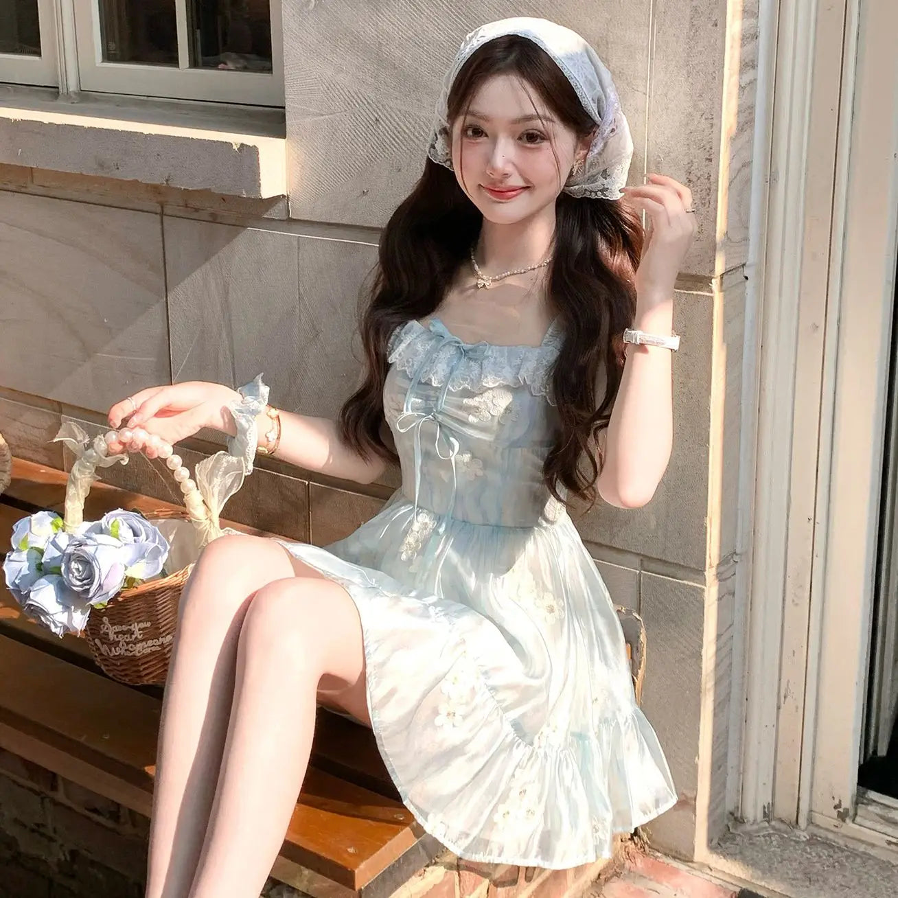 qgtao Autumn Sweet Fairy Mini Lace Dress Women Sexy Chic Embroidered Print Strap Dress Cute Casual Chiffon Beach Vacation Party Dress