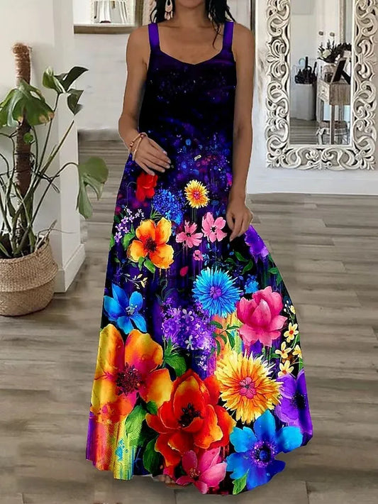 qgtao 2024 Loose Casual Plus Size Long Maxi Dress Beach Sun Dresses Women Sleeveless Summer Fashion Printed Boho Maxi Long Dress