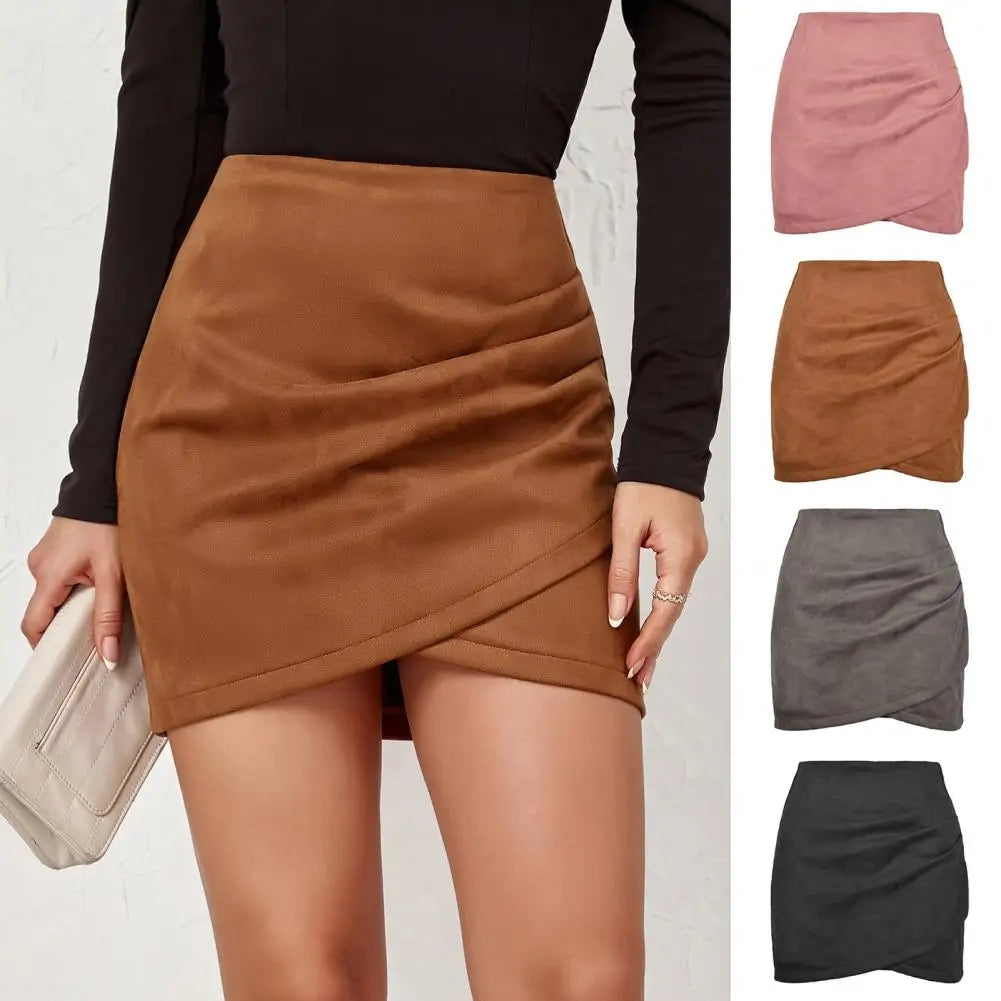 qgtao Chic Mini Skirt Colorfast Bodycon Skirt Zipper Closure Office Lady Sexy Pleated Suede Pencil Short Skirt  Versatile