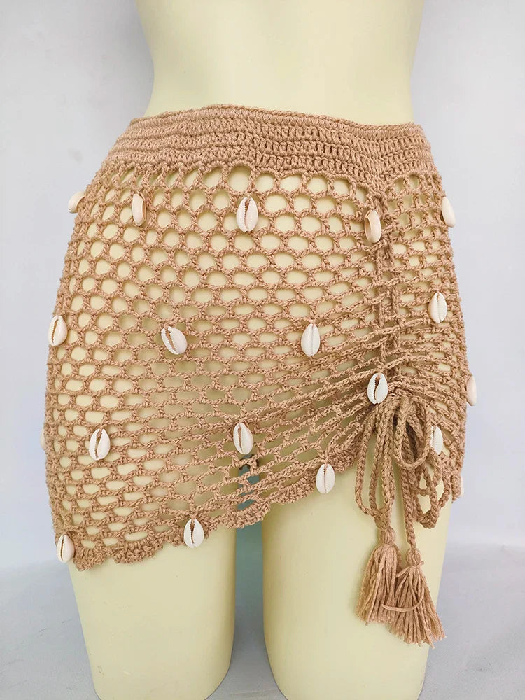 qgtao 4 pieces Woman Bikini Set Crochet Shell Tassel Top Sexy Thong Bottom See-Through Hollow Out Bandage High Waist Short Beach Skirt