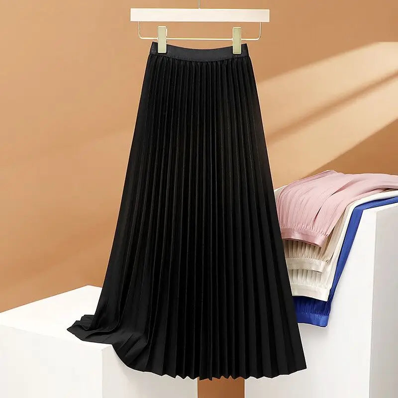 qgtao Elegant Long Pleated Skirt Women Spring Autumn Solid Elastic Waist A-line Slim Luxury Midi Skirt Vintage Female