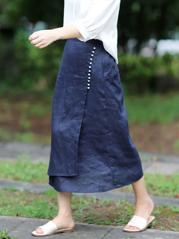 Women's Straight Skirt Spring Summer Cotton Linen A-line Skirt Female Solid Blue White Side Split Vintage Long Skirts Women