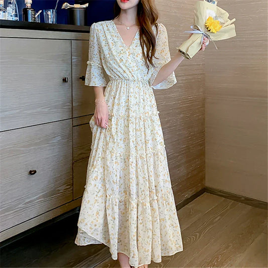 qgtao-New Vintage Chiffon Slim Print Dress for Women Elegant Short Sleeve V-neck Fashion Sweet Ladies Floral Waist Dress Korean