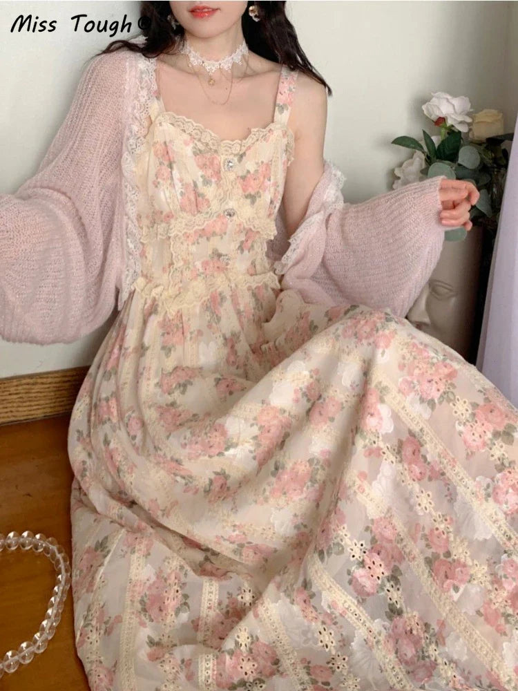 qgtao Elegant Floral Fairy Dress Women Strap Sexy Party Midi Dresses Casual Design Chic Printing High Waist Fashion Female Dress