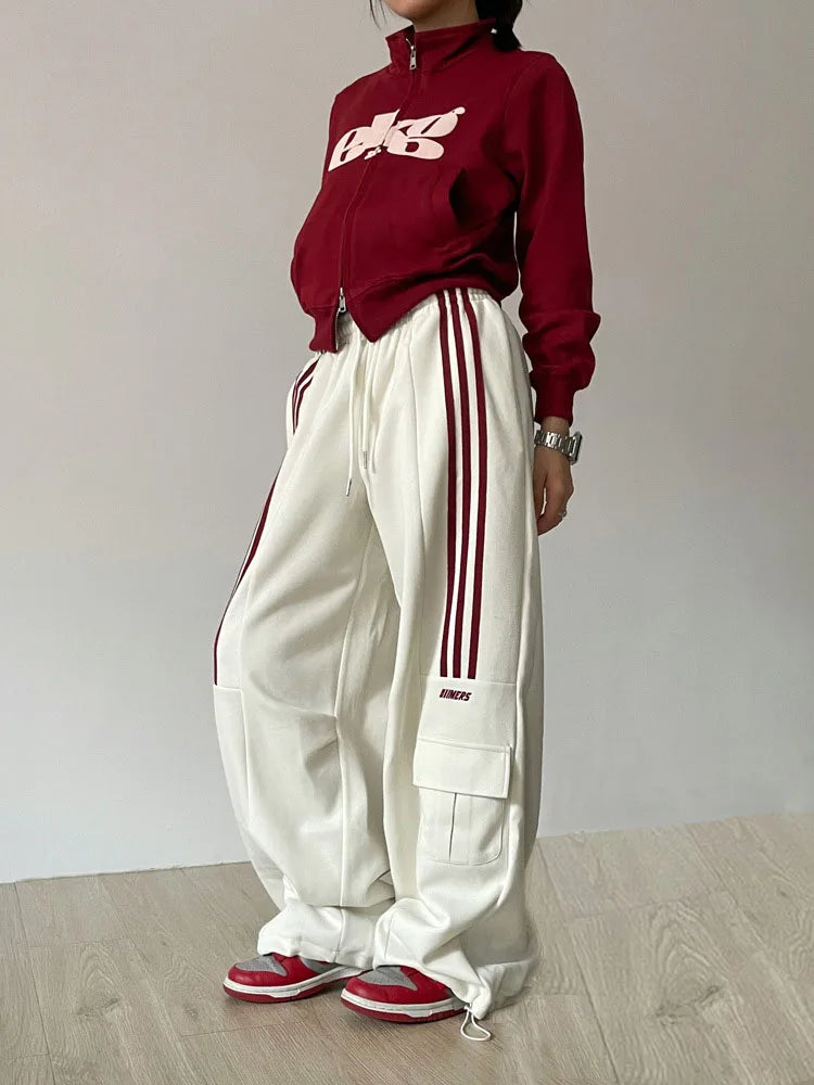 qgtao Y2k Stripe Sweatpants Women Hip Hop High Waist Vintage Loose Wide Leg Pants Street wear Elastic Casual Black Oversize Pants