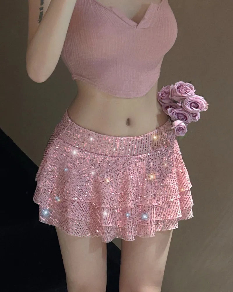 qgtao 2024 Spring Summer Women Pink Sequin Multi Layered Ruffle Edge Ultra Short Skirt Sexy Spicy Girl Mid Rise Mini Skirts Clubwear