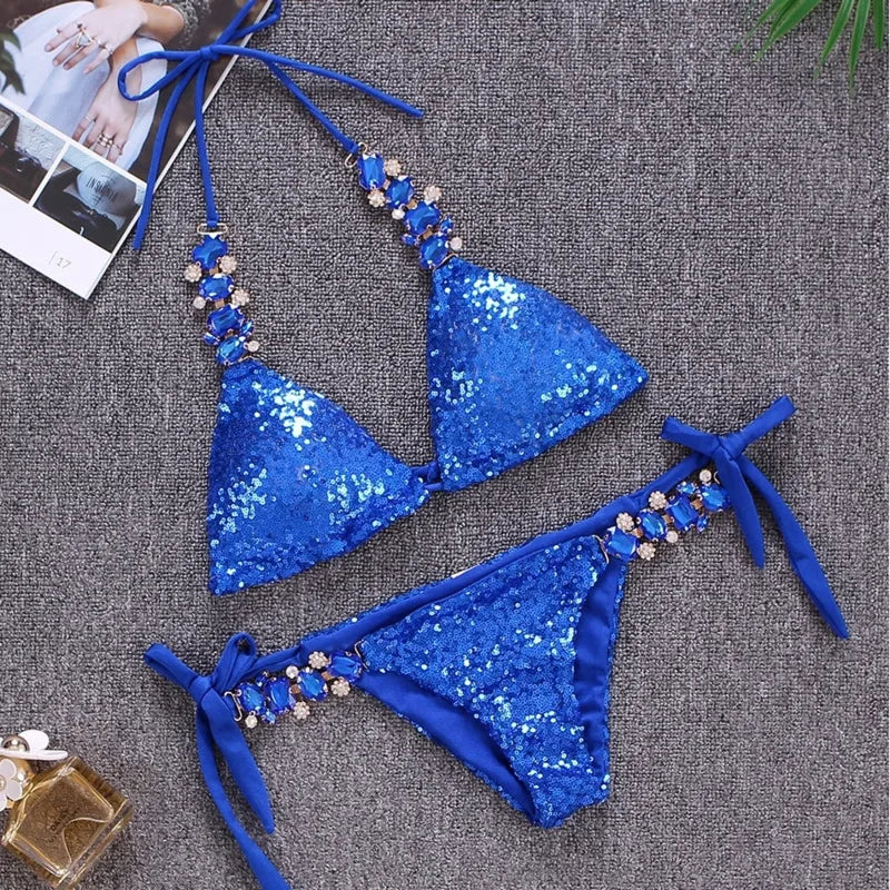 qgtao Shiny Sexy Bikinis Swimsuit With Rhinestones Women Swimwear Female Push Up Bikini Beach Swim Wear Bathing Suits Pool Bather 2024