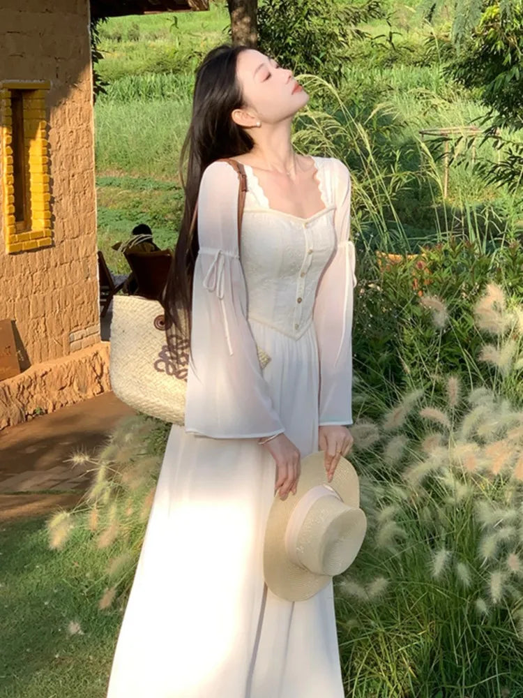 qgtao French Vintage Flare Sleeve Midi Dresses for Women Square Collar A-line Autumn New Casual Solid Party Dress Female Clothing