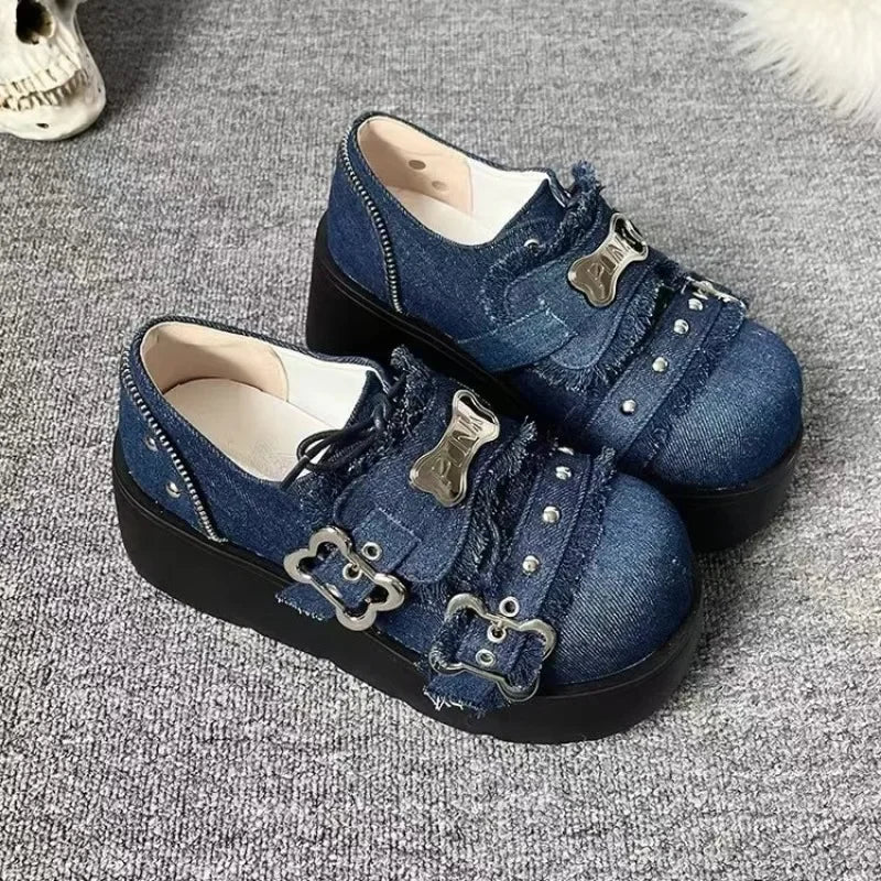 qgtao Punk Metal Chain Chunky Platform Ankle Boots Women 2024 Winter Y2K Thick Bottom Denim Boots Woman Black Gothic Lolita Shoes