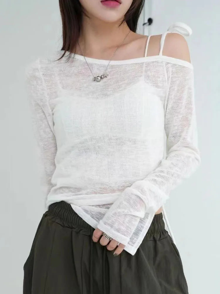 Vintage Y2K Off Shoulders Crop T -shirt Korean Women Long Sleeve Shirring Lace-up Top Blouse Aesthetic Harajuku Gothic Clothes