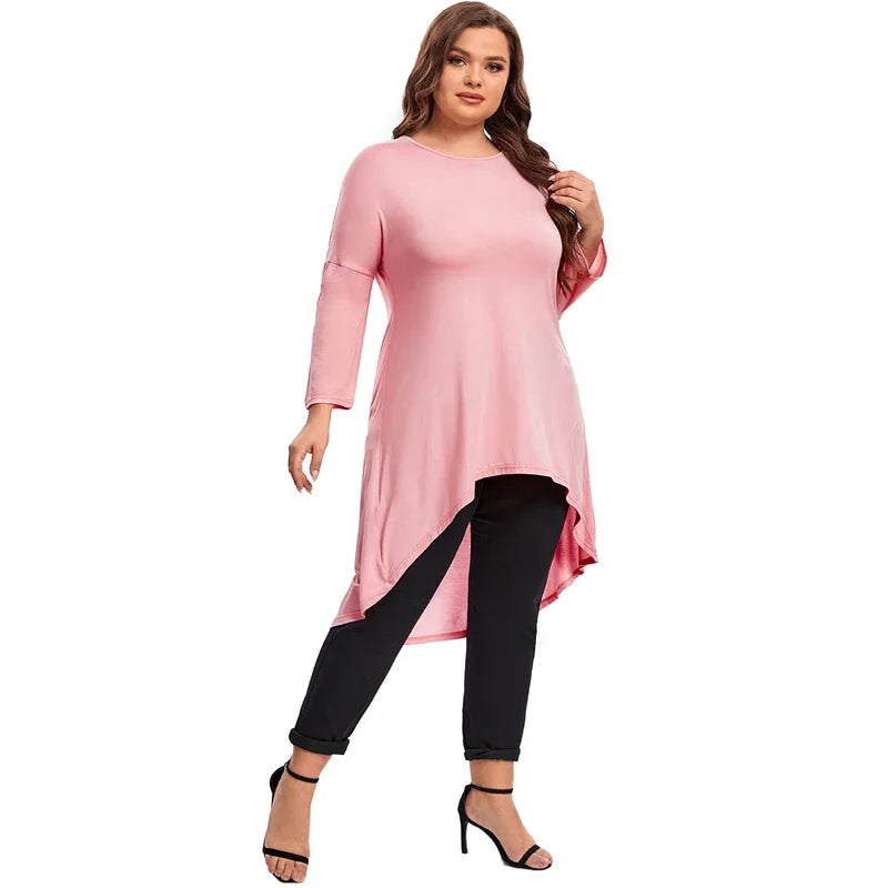 qgtao Plus Size Long Sleeve Elegant Tunic Blouse Women Long Hi Low Fit Flare Spring Autumn Swing Tops T Shirt Large Size Clothing 7XL