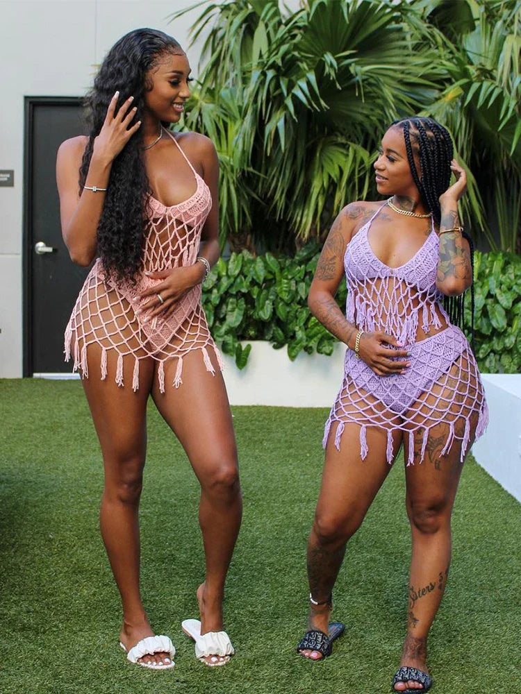 qgtao Summer Beach Sexy Bikini Women Swimwear Hollow Out Crochet Sexy Summer Two Piece Set Bathing Suit Swim Wear 2024