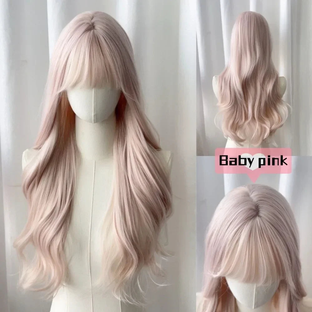 qgtao - Baby Pink Wig with Bangs Long Wavy Hair Lolita Wig for Women 24inch Natural Daily Use Cosplay Wave Headband Wigs