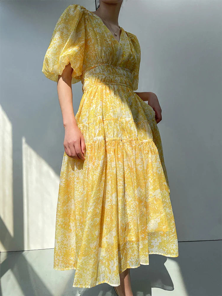French Floral Printed Puff Sleeve Beading Midi Dress Women V Neck Elegant Slim Waist Party Dresses Fashion Summer