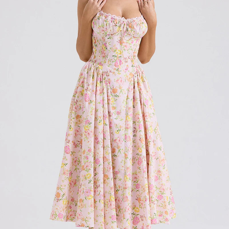 qgtao Lace Trim Floral Print Halter Dress For Women Sexy Backless Low Waist Midi Summer Dresses Holiday Party Robe