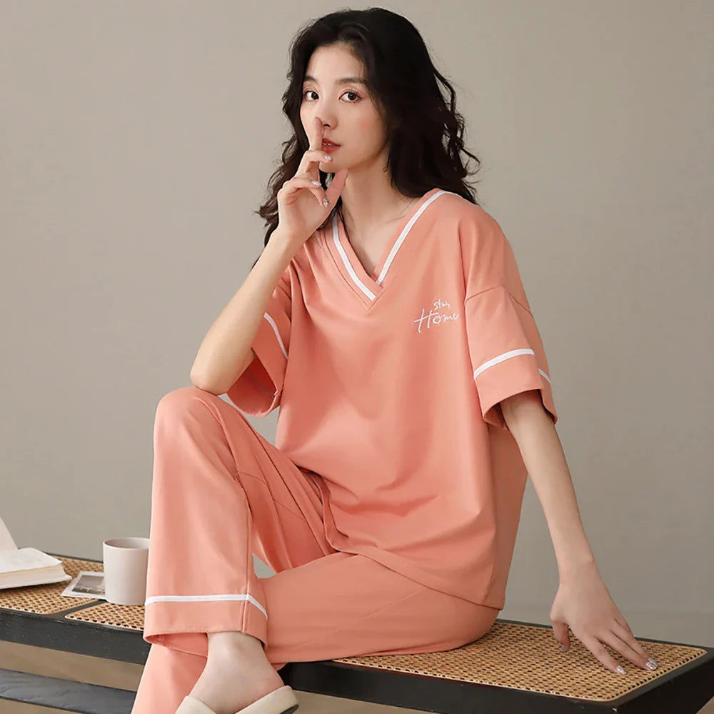 qgtao M-2XL 100% Cotton Women's Pajamas Casual Summer Short Sleeve Thin Pijama Sets Breathable Soft Pajama Sleepwear With Two Pockets