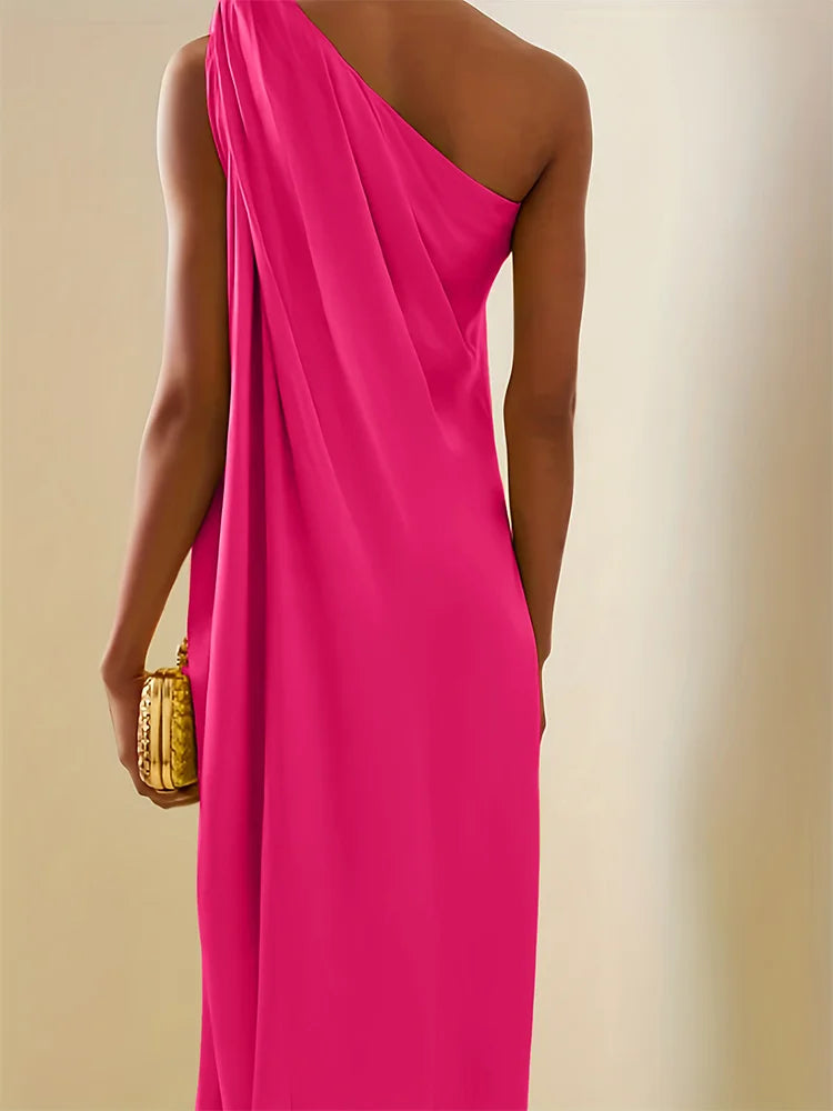 qgtao Plus Size Satin Evening Dresses One Shoulder Formal Party Gown Long Maxi Dress Temperament High Split Dress for Women Vestidos