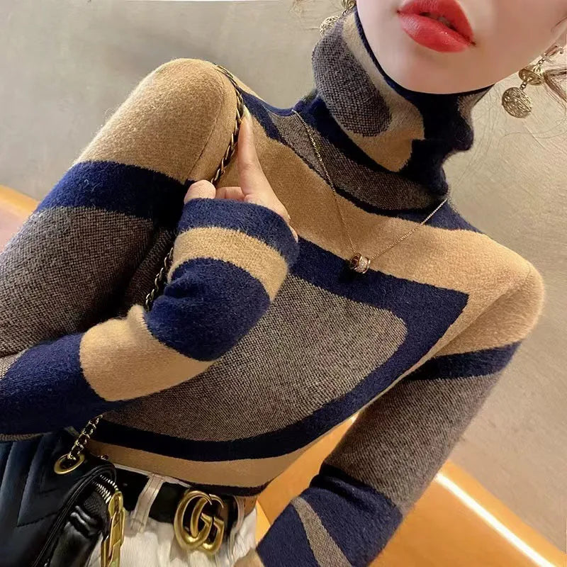 Women's Turtleneck Slim Fashion Knitted Sweater Spring New Y2k Chic All-match Vintage Wool Pullovers Daily Casual Soft Knitwear