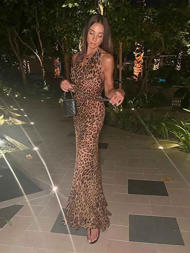 qgtao Sexy Leopard Print Halter V Neck Maxi Dress Women Elegant Off Shoulder Sleeveless Slim Dresses Lady Evening Banquet Party Robes