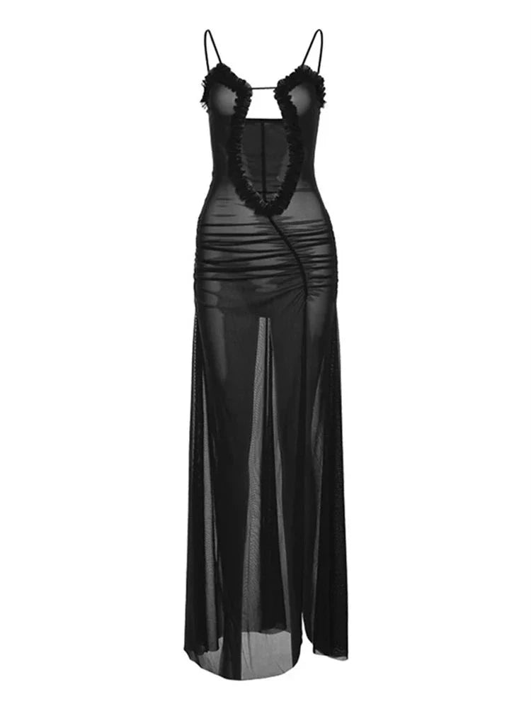 Sexy Hollow Long Dress For Women Print Camisole Off Shoulder Backless Sleeveless Frilly  Mixi Dress Female Party