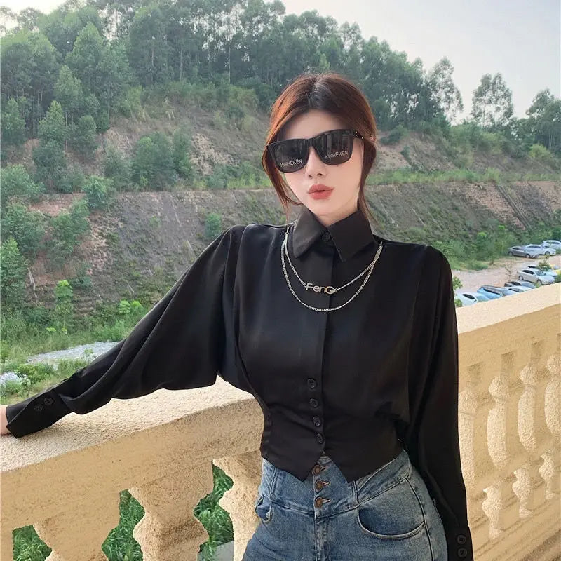 Vintage Elegant Button Solid Chiffon Shirt Spring Autumn 2022 New Polo-Neck Long Batwing Puff Sleeve Slim Blouse Women's Clothes