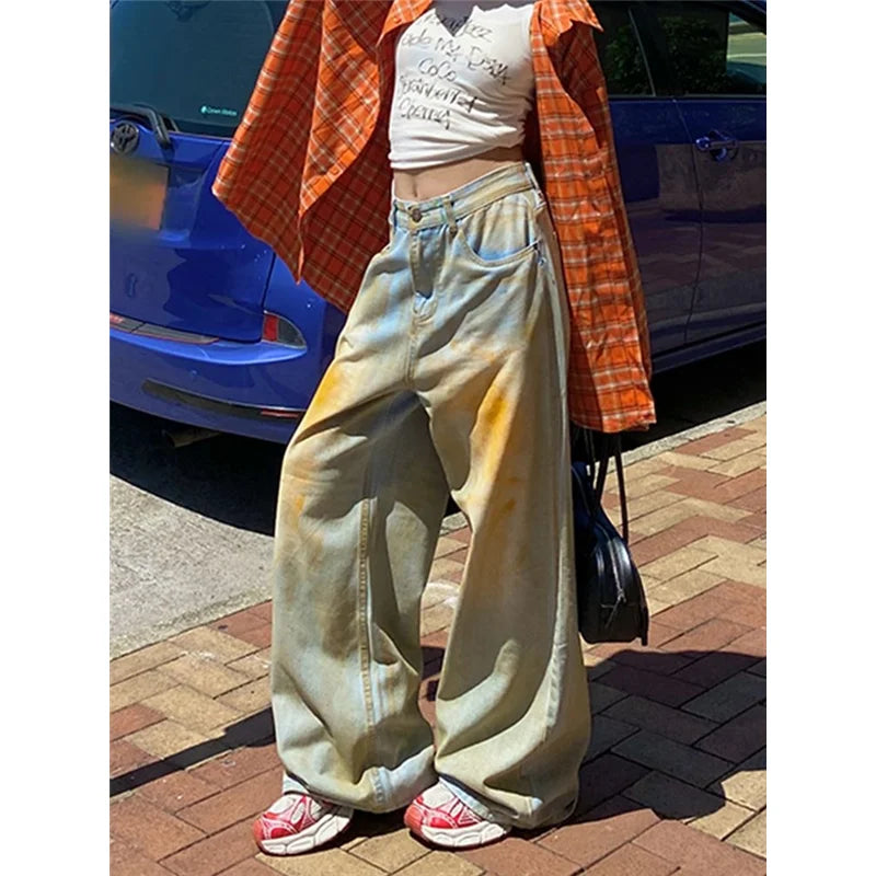 qgtao - Blue Jeans Women Y2K Hip Hop Fashion Vintage High Waisted Cargo Jeans Streetwear Casual Loose Large Size Wide Leg Denim Pants