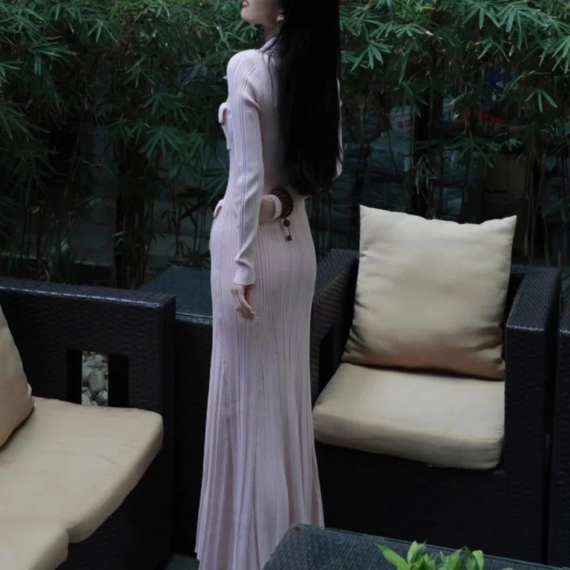 qgtao Puff Sleeve V-neck Knitted Dress 2023 spring pink New Commuter Midi Skirt High Waist Slim Fit Sexy Dresses