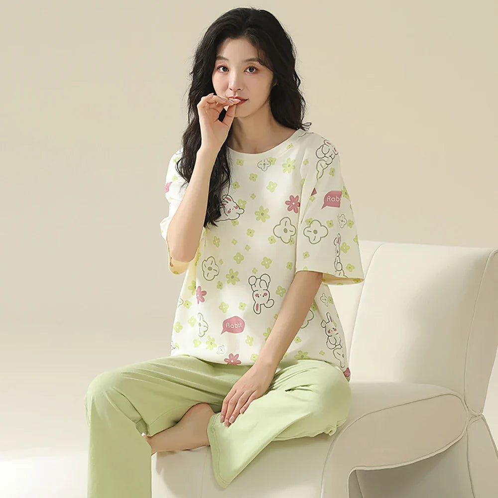qgtao M-2XL 100% Cotton Women's Pajamas Casual Summer Short Sleeve Thin Pijama Sets Breathable Soft Pajama Sleepwear With Two Pockets