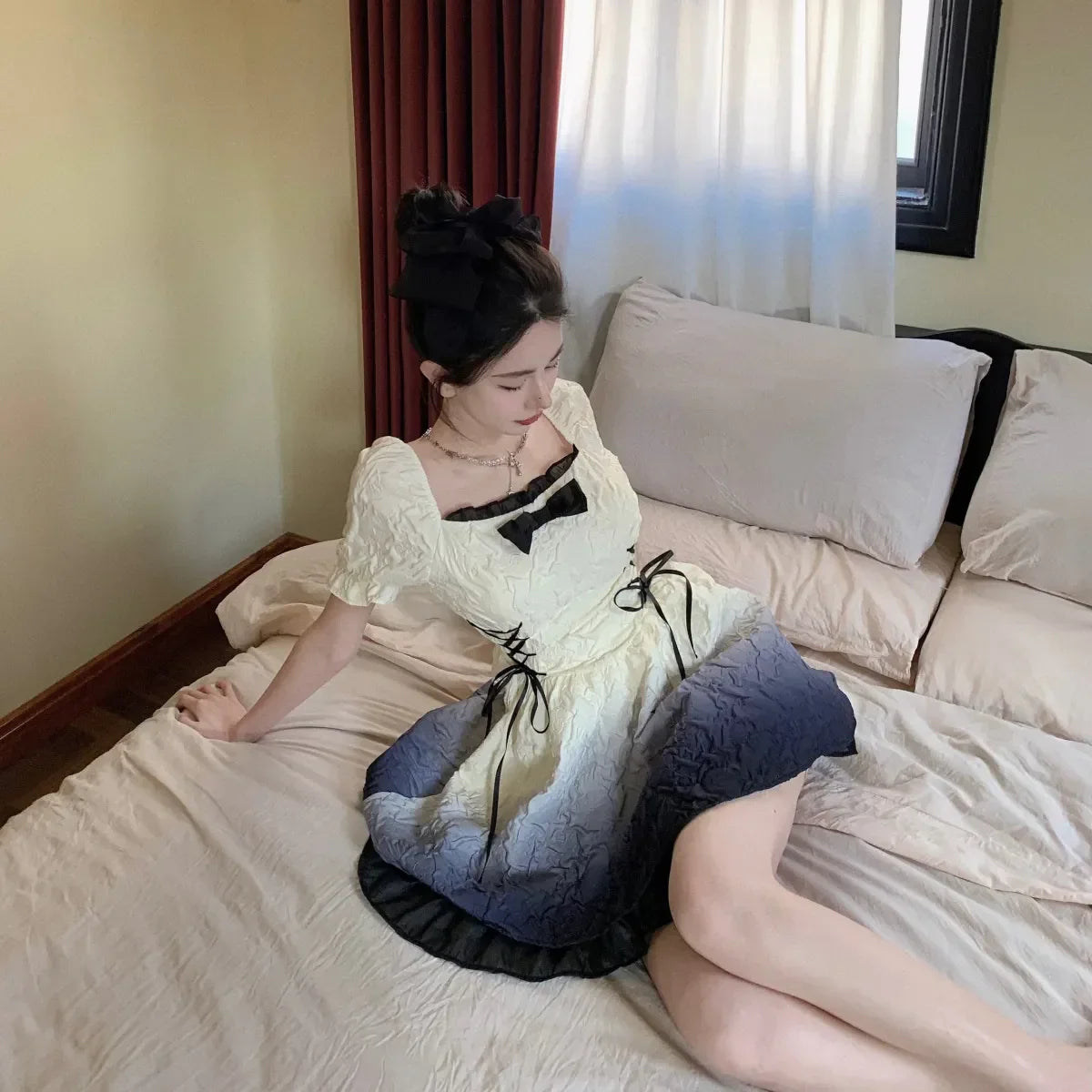 qgtao Bubble Sleeve Kawaii Lolita Mini Dress Women Pink Bow Princess Sweet Party Cute Dress A-Line Elegant Fairy Dress 2024 Spring New