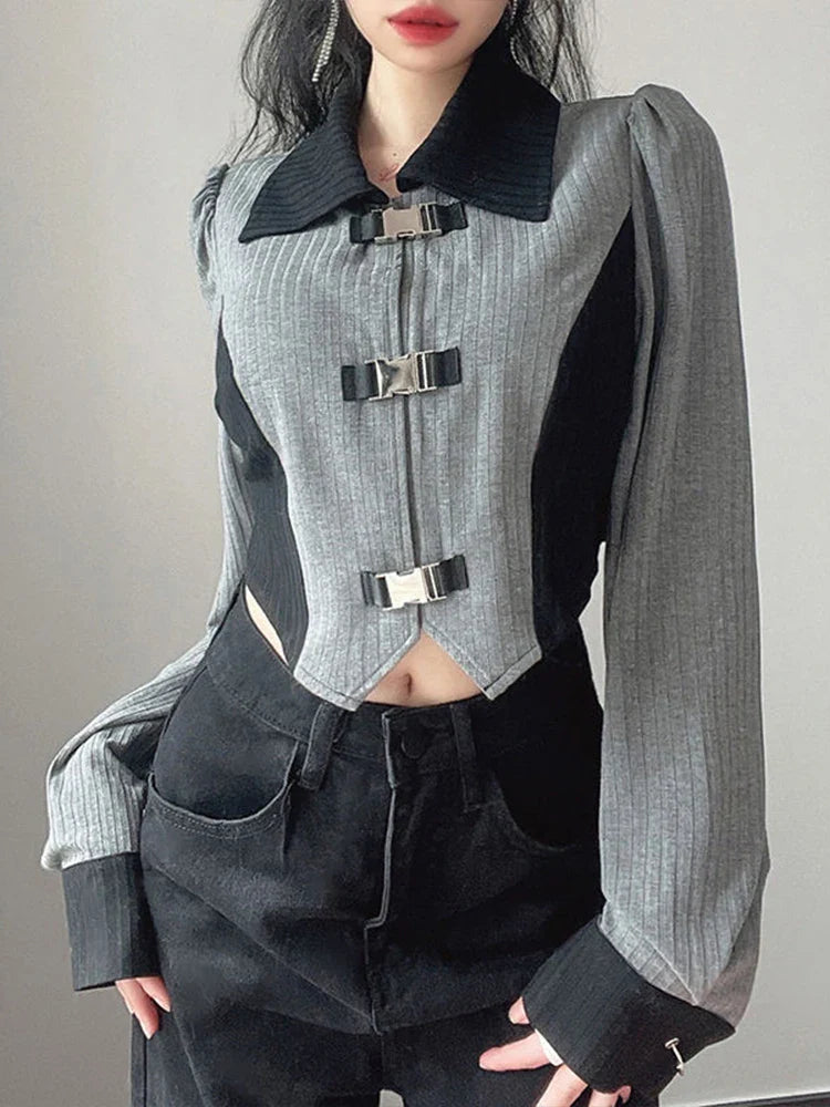 qgtao Y2k Aesthetic T-shirts Women Metal Buckle Design Crop Top Ladies Long Sleeve Patchwork Hot Girl Slim Tees