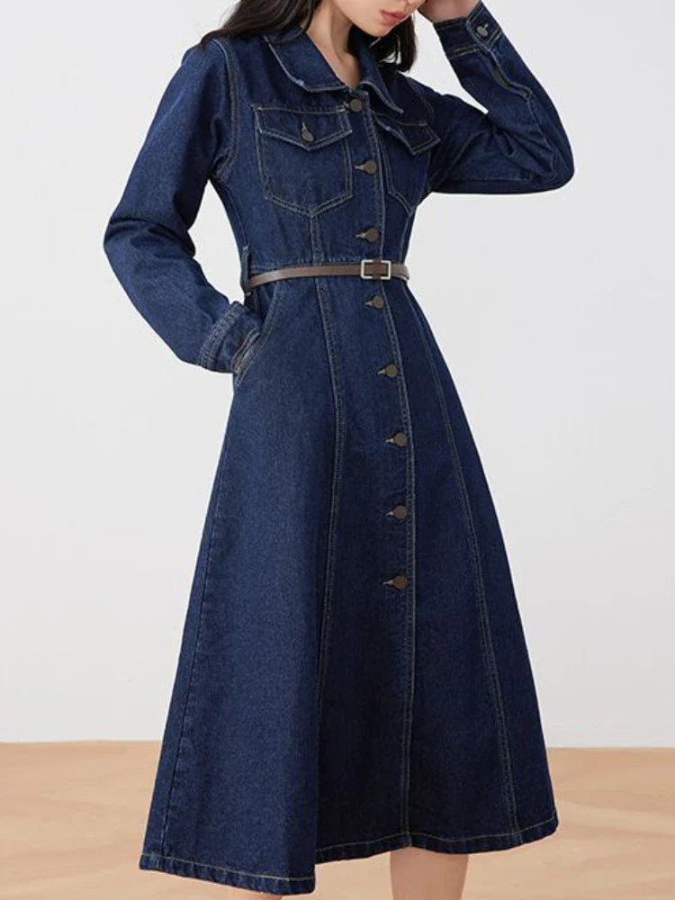 qgtao Autumn Winter Casual Women Lapel Single Breasted Denim Dress Vintage Lady Empire Slim A-line Midi Dress with Belt