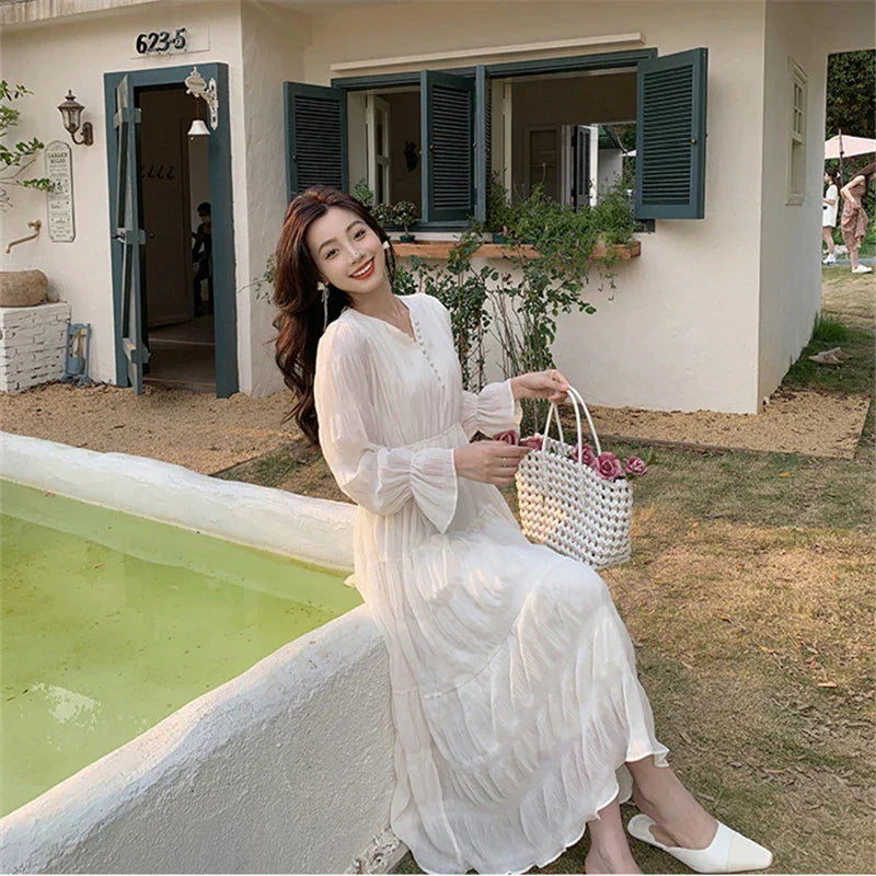 qgtao-Elegant Chic Women White Midi Dress for Autumn 2023 New Chiffon Puff Long Sleeve V-neck Casual Office Lady Cute Fairy Dress