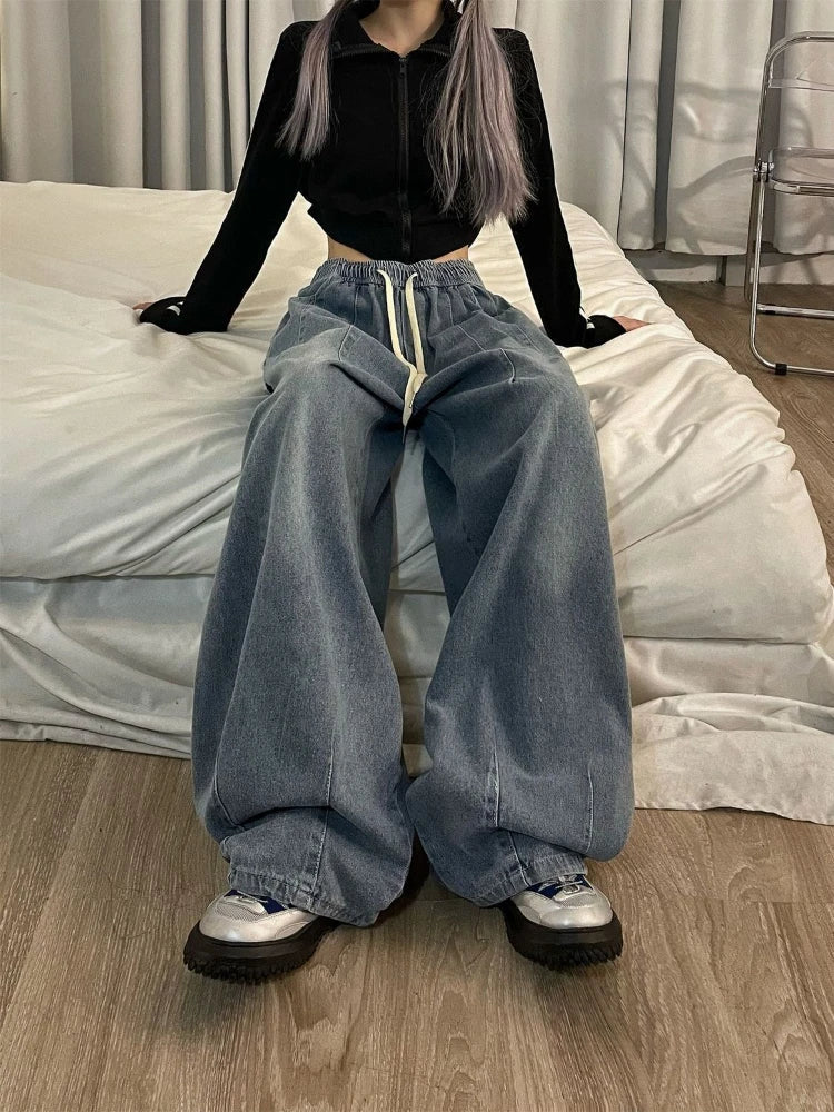 qgtao Women Vintage Baggy Jeans Y2K Elastic High Waist Oversize Street wear Trouser Denim Wide Leg Straight Basic Pants Spring