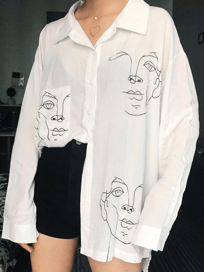 Abstract Face Print Long Sleeve Blouse
