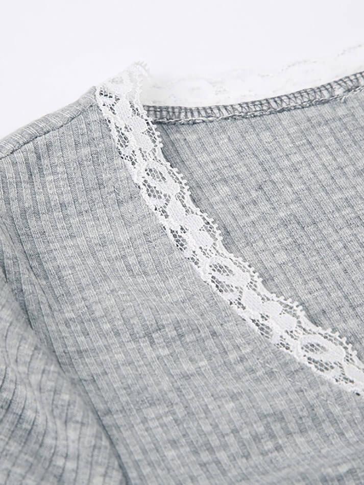 Lace Splicing Button Half Open Neck Crop Top