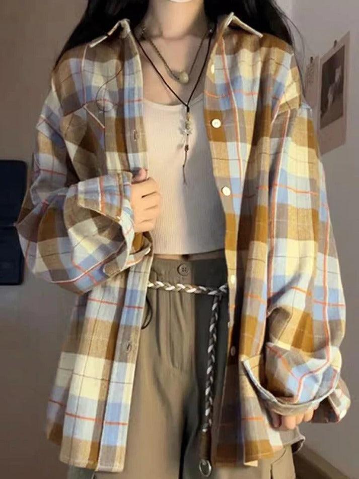 qgtao ootd Vintage Contrast Plaid Print Long Sleeve Blouse