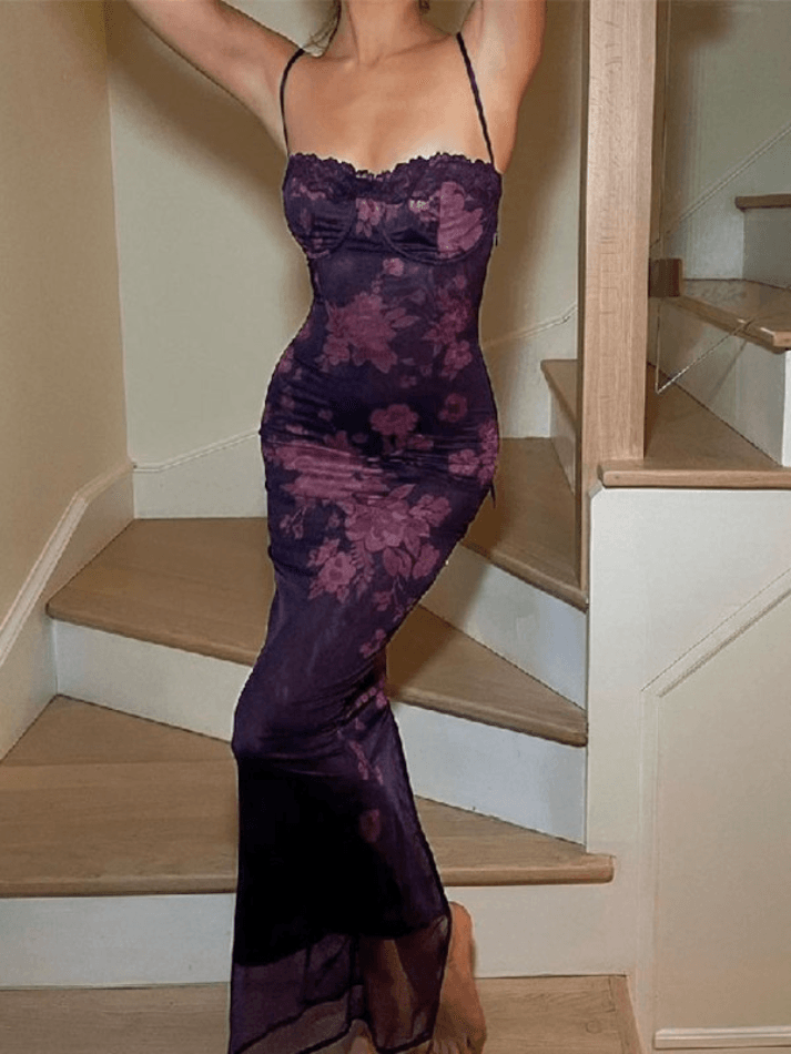 qgtao Backless Lace Trim Vintage Print Slit Maxi Dresses