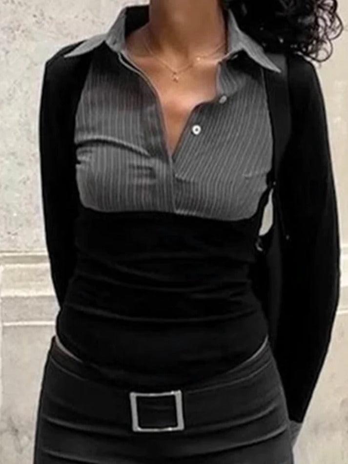 Stripe Splice Polo Neck Long Sleeve Blouse