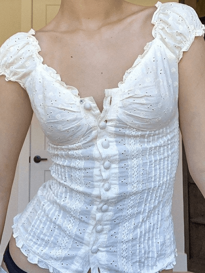 Button Down Broidered Lace Crop Blouse