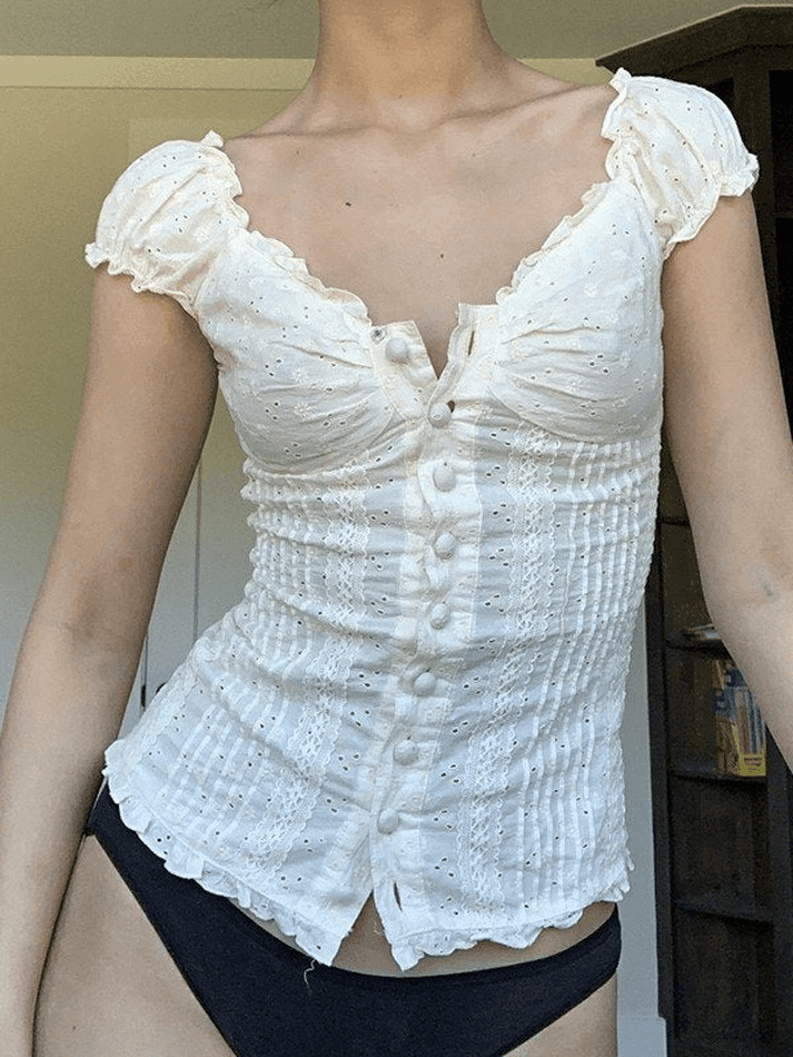 Button Down Broidered Lace Crop Blouse
