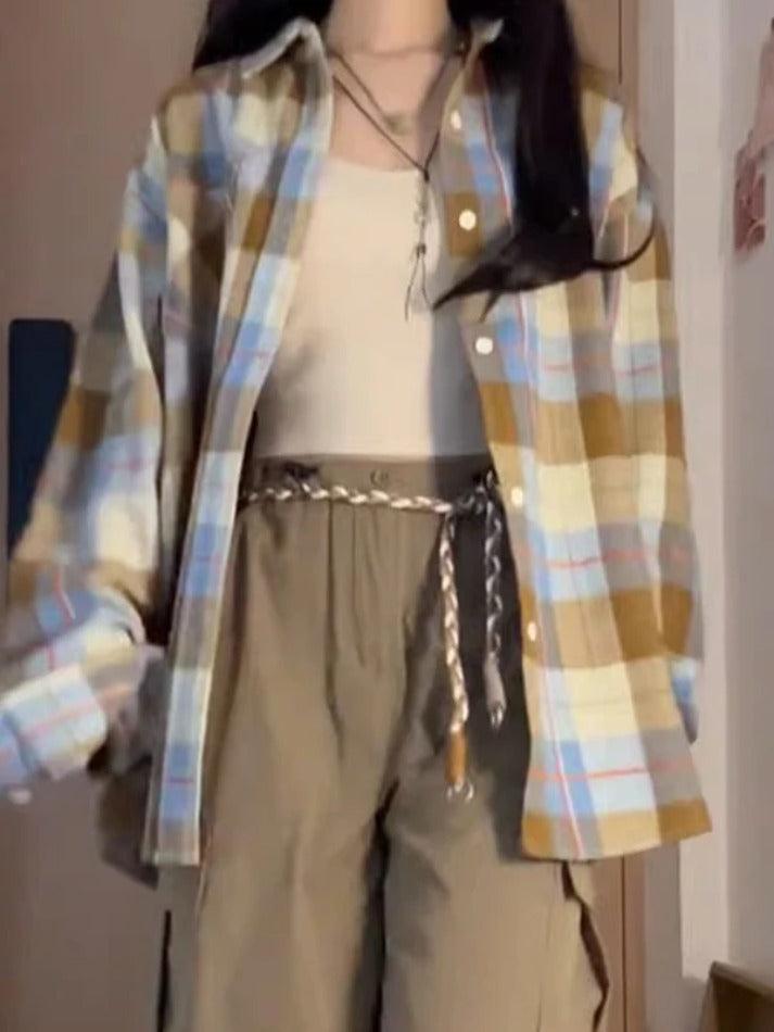 qgtao ootd Vintage Contrast Plaid Print Long Sleeve Blouse