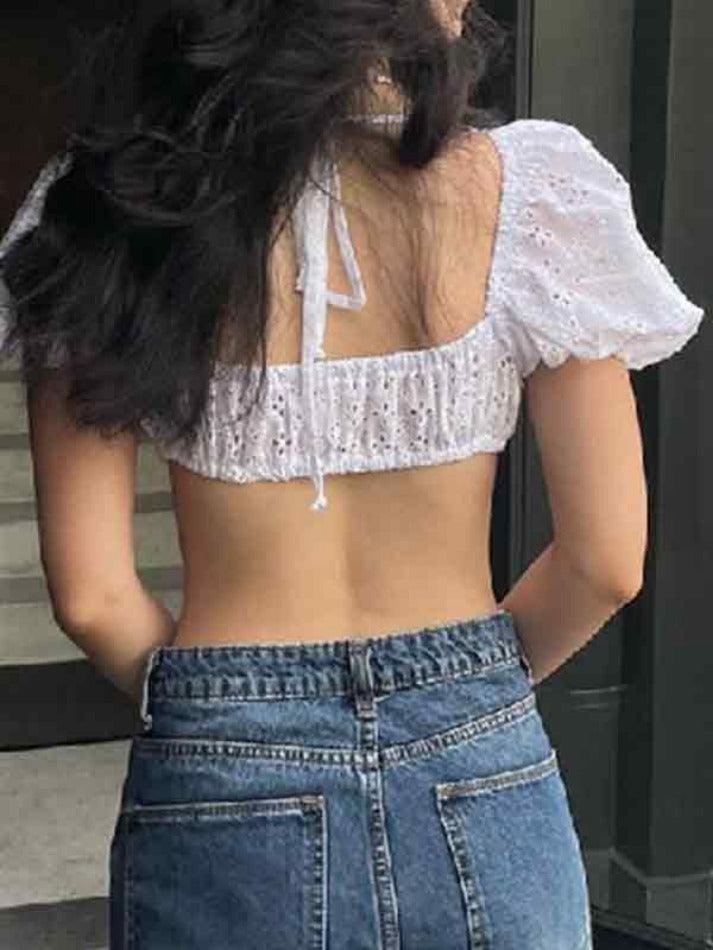 U Neck Open Back Cutout Short Sleeves Shirts