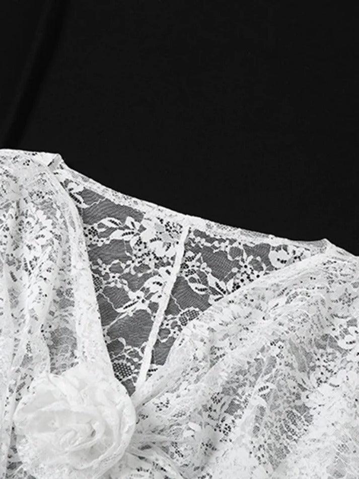 V Neck Lace Slit Long Sleeve Blouse