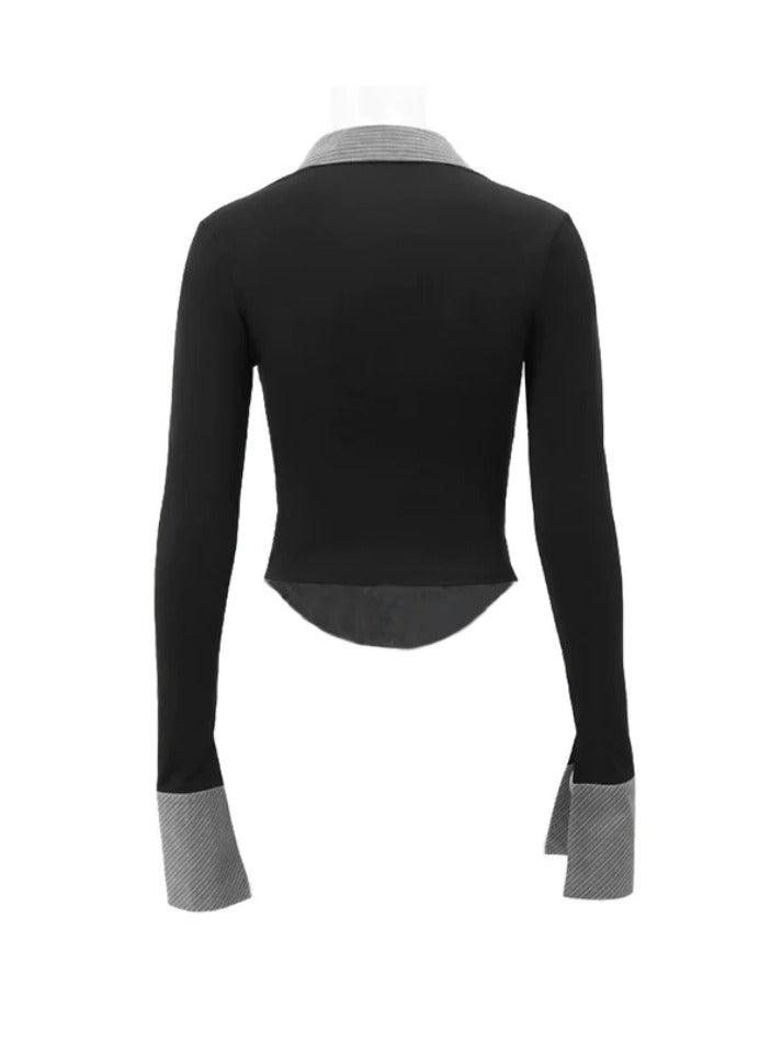 Stripe Splice Polo Neck Long Sleeve Blouse