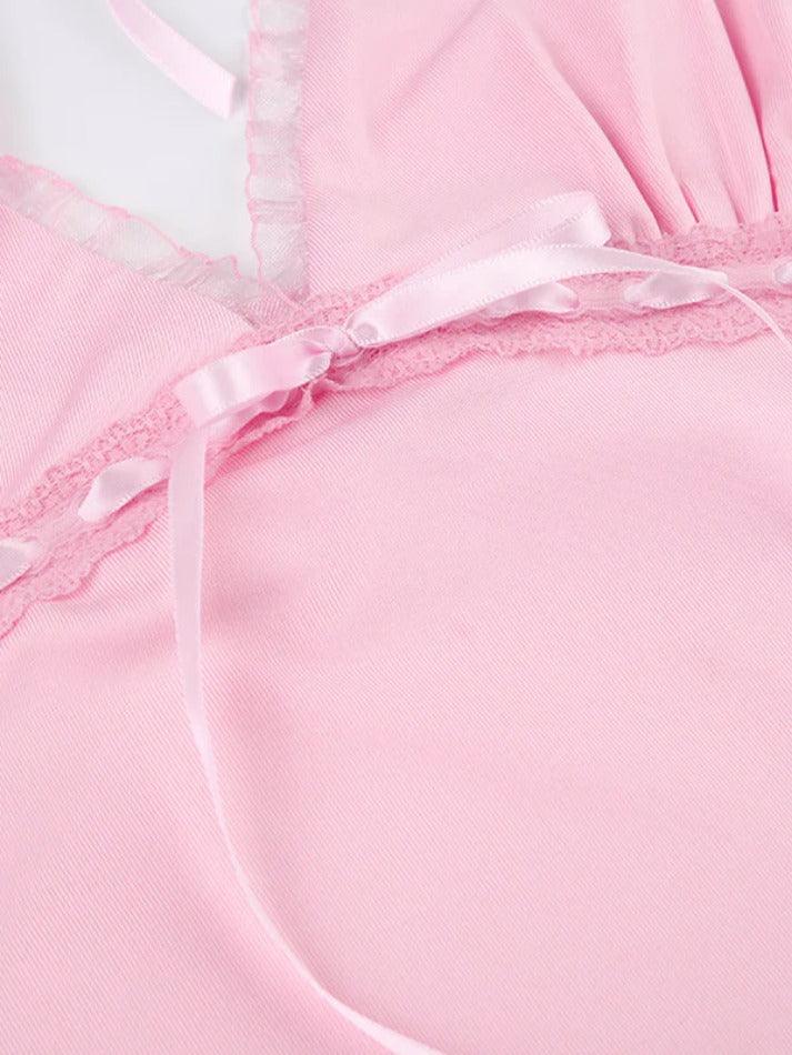 Lace Stitching Bow Pink Cami Top