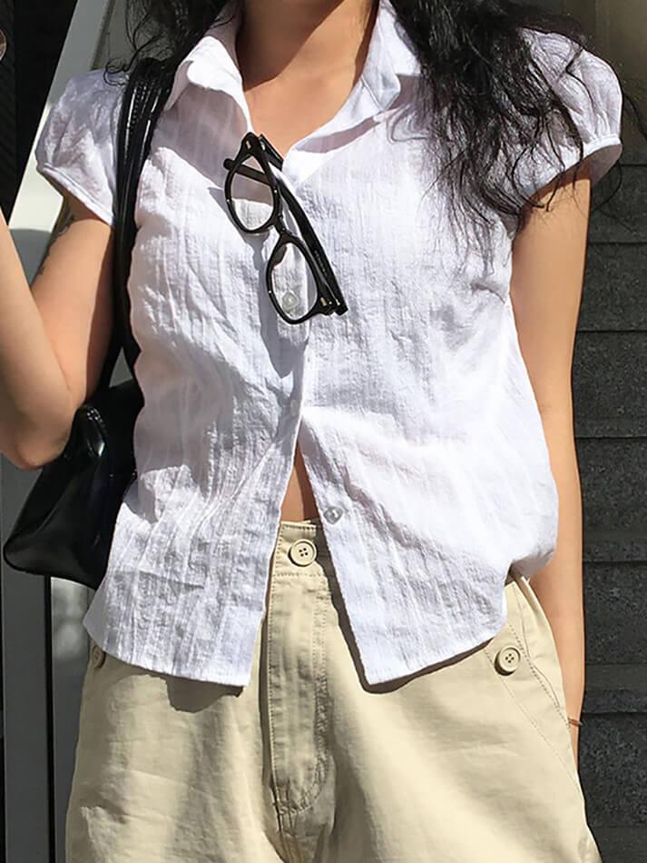 Solid Color Ribbed Bubble Sleeve Shirts